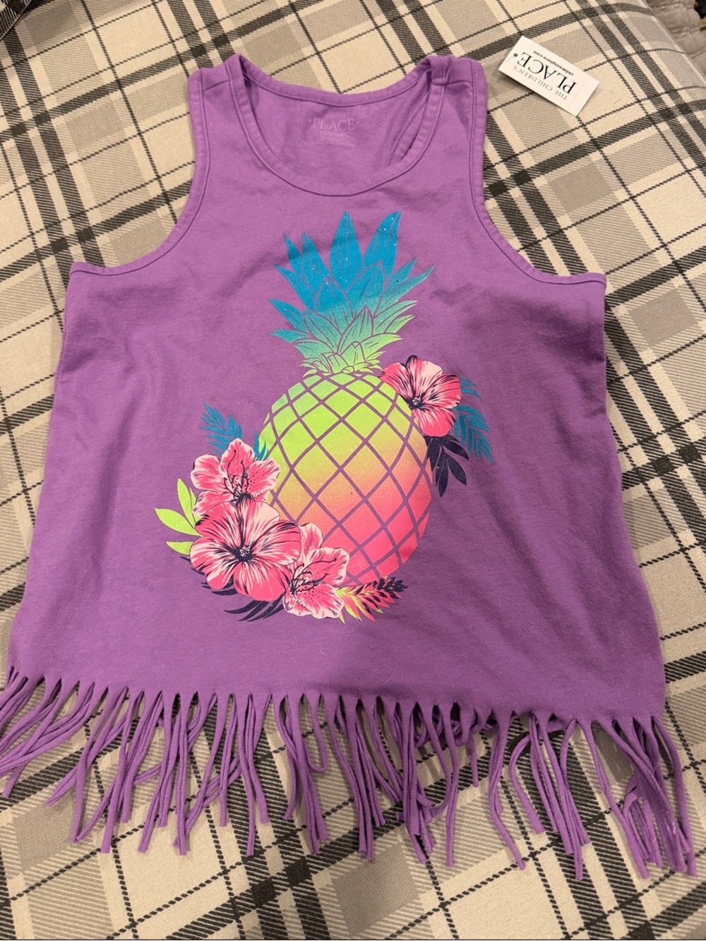 Purple Pineapple Fringe Tank Top with Neon Print